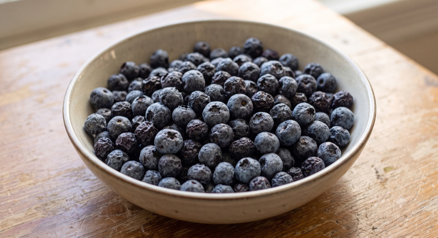 Bowl of freeze-dried blueberries showing preserved color and texture from contract freeze drying services