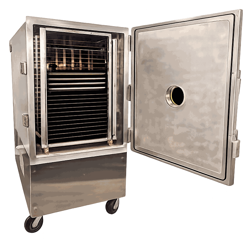 TSS-0123 small production freeze dryer with door open showing the tray rack